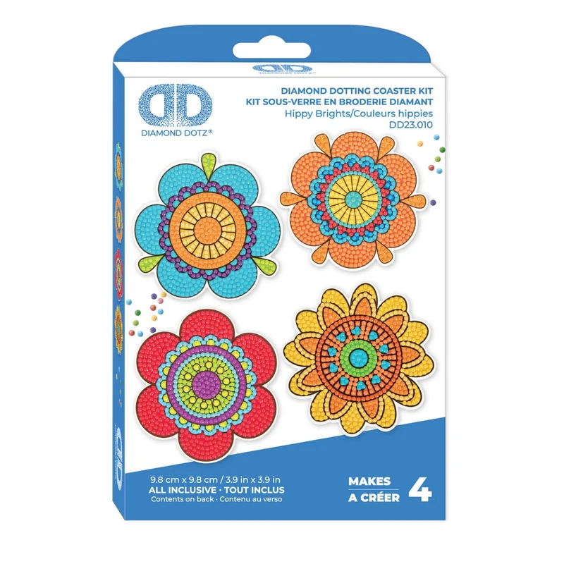 Diamond Dotz, Coasters, 4Pack, 10x10cm, Hippy Brights