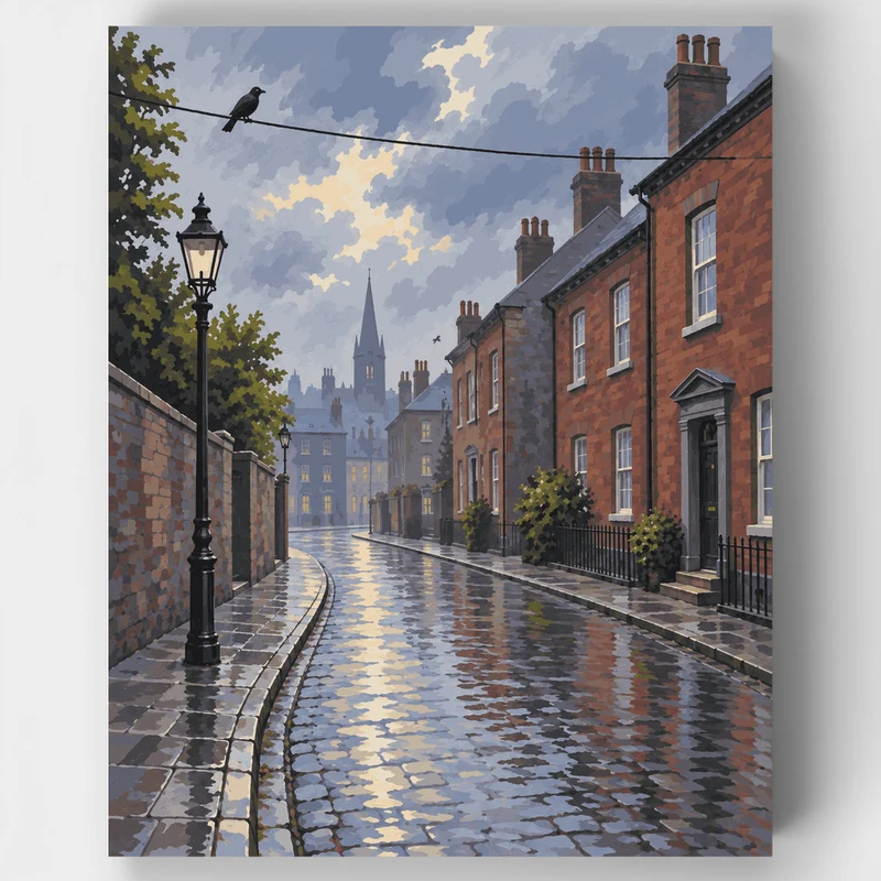 Crow Above Rainy Cobblestones - Paint by Numbers Kit