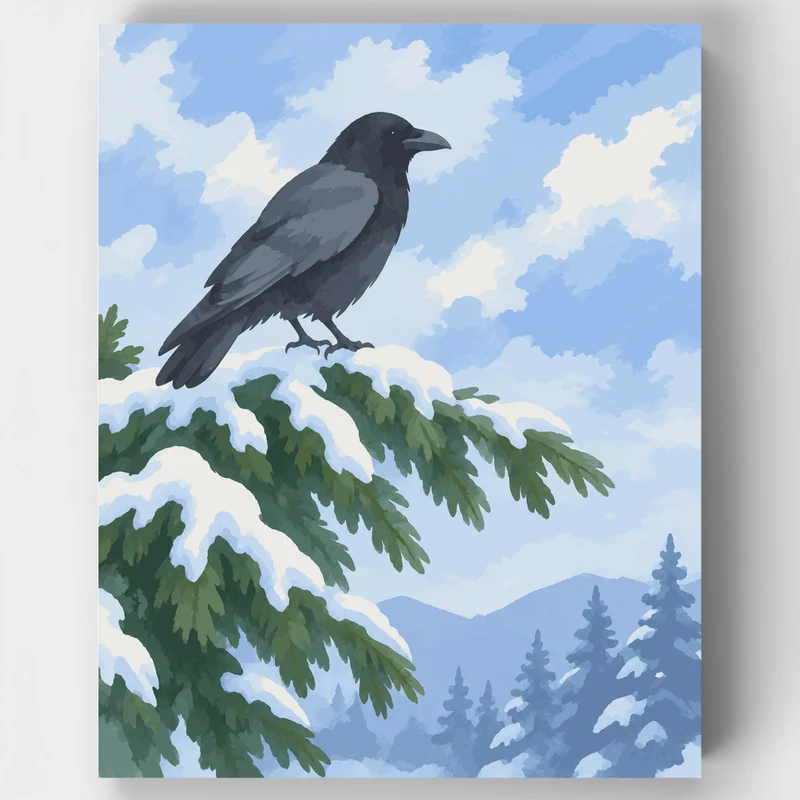 Crow on Snowy Pine - Paint by Numbers Kit