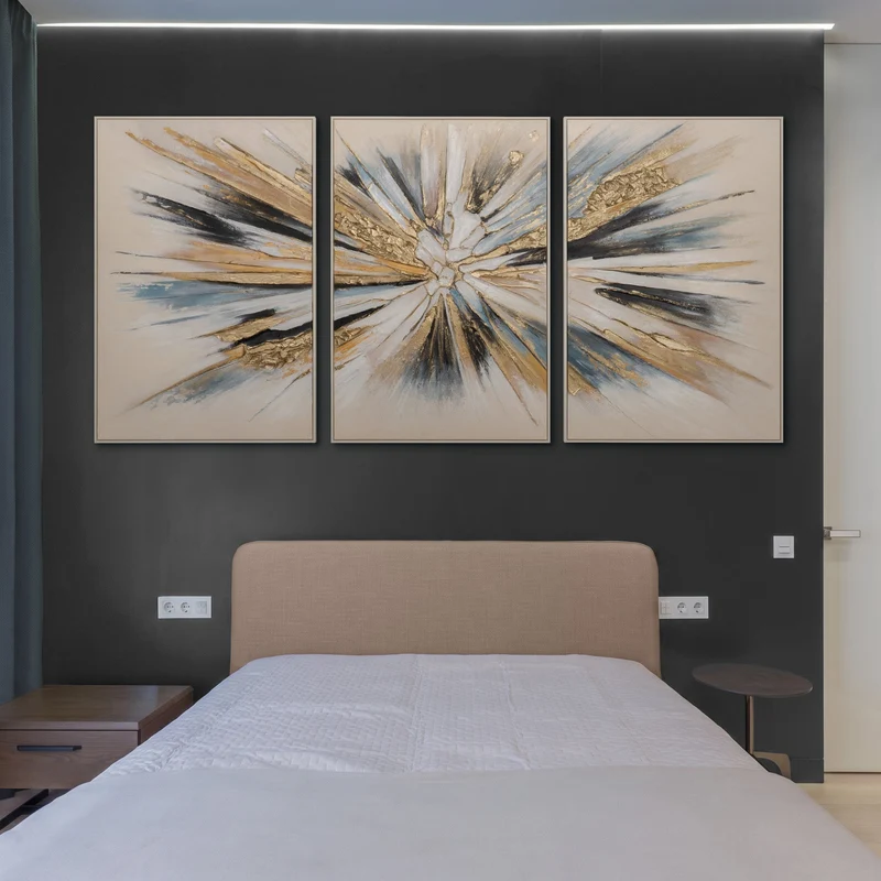„Impuls“ – Handgemaltes Triptychon Modern mit beigem Rahmen