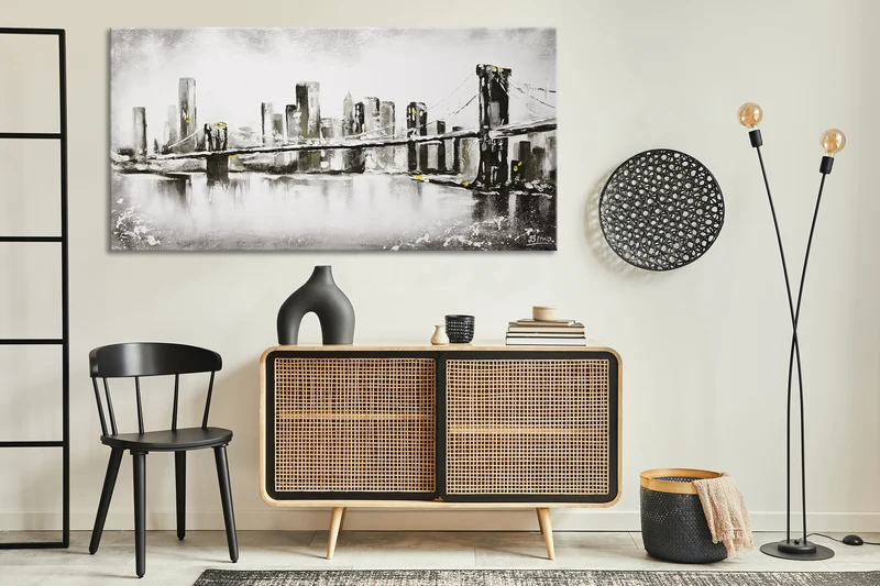 Handgemaltes Bild Brooklyn Bridge – Schwarz Weiß Silber mit Goldakzenten