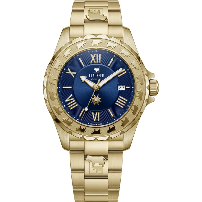 3 Zeiger Stahl Gold Blau 34mm