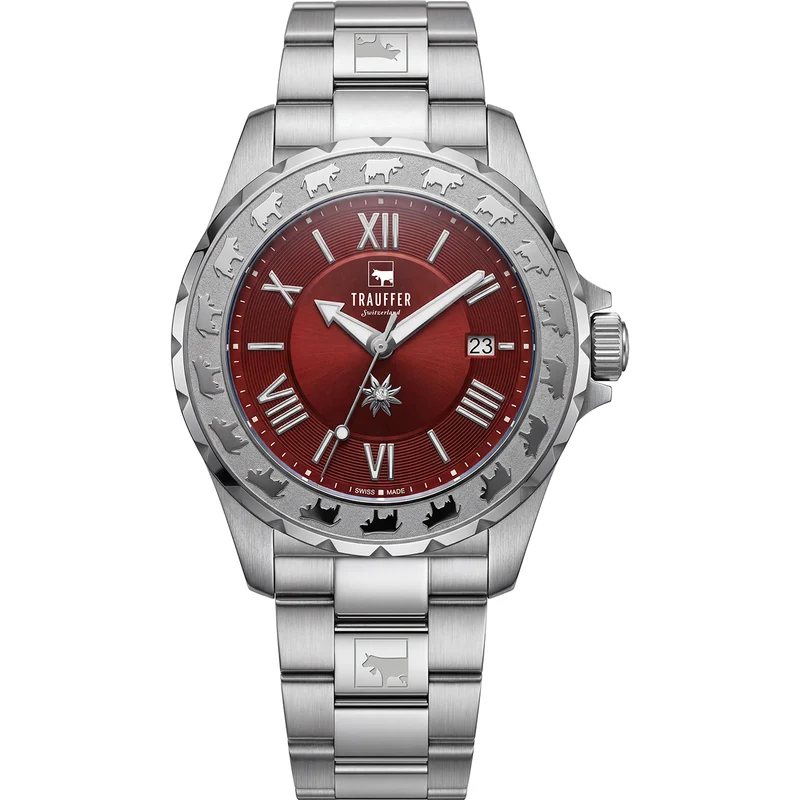 3 Zeiger Stahl Silber Rot 34mm