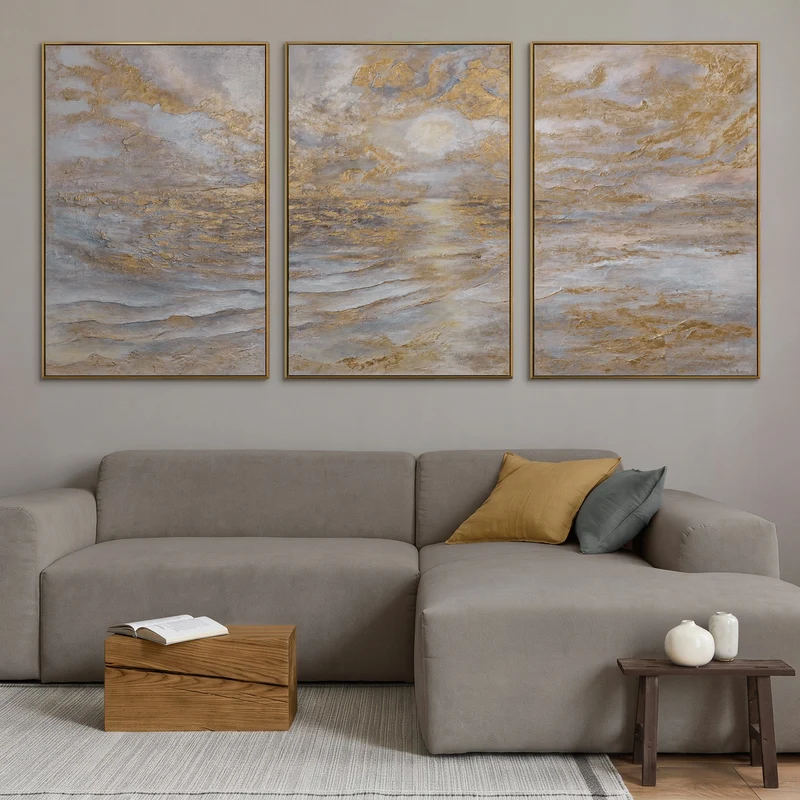 „Meeresleuchten“ – Handgemaltes Küsten-Triptychon mit goldenem Rahmen