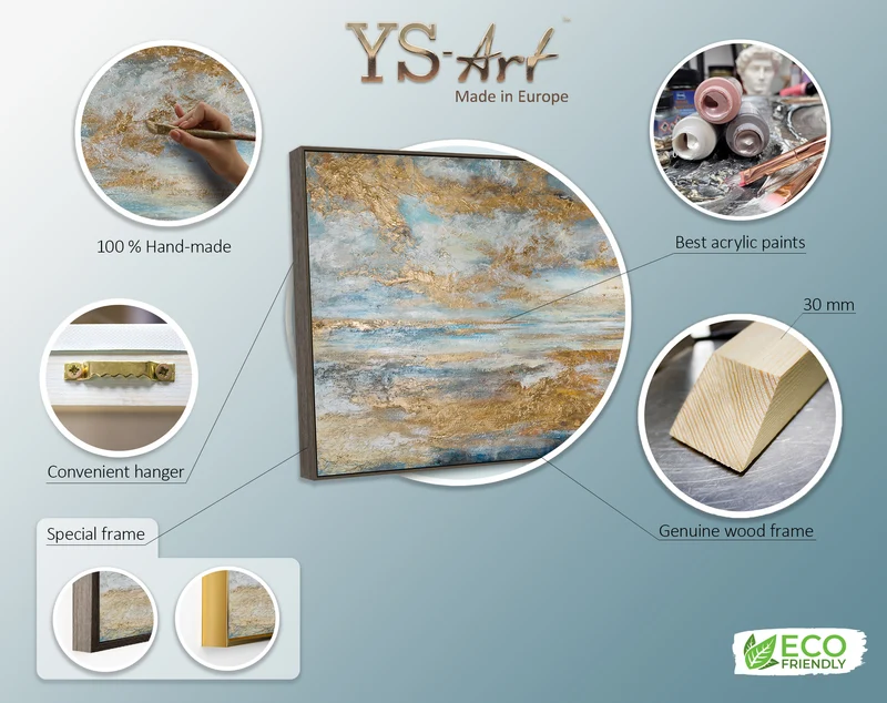 „Goldene Bucht“ – Handgemaltes Triptychon mit Küstenlandschaft und grauem Rahmen