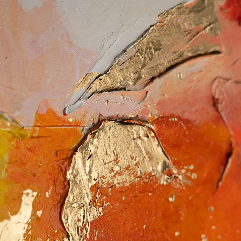 „Orangene Explosion“ – Handgemaltes Triptychon Modern mit goldenem Rahmen