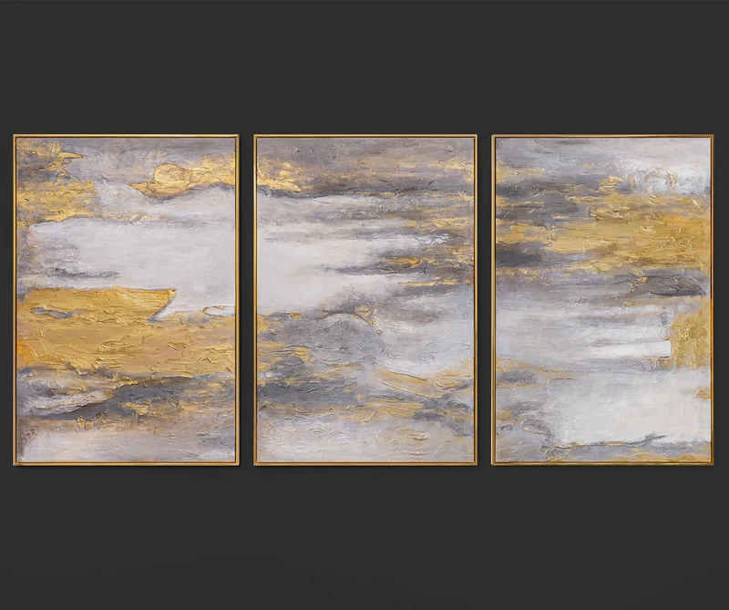 „Sanfter Zeitfluss“ – Handgemaltes Triptychon Abstrakt mit goldenem Rahmen