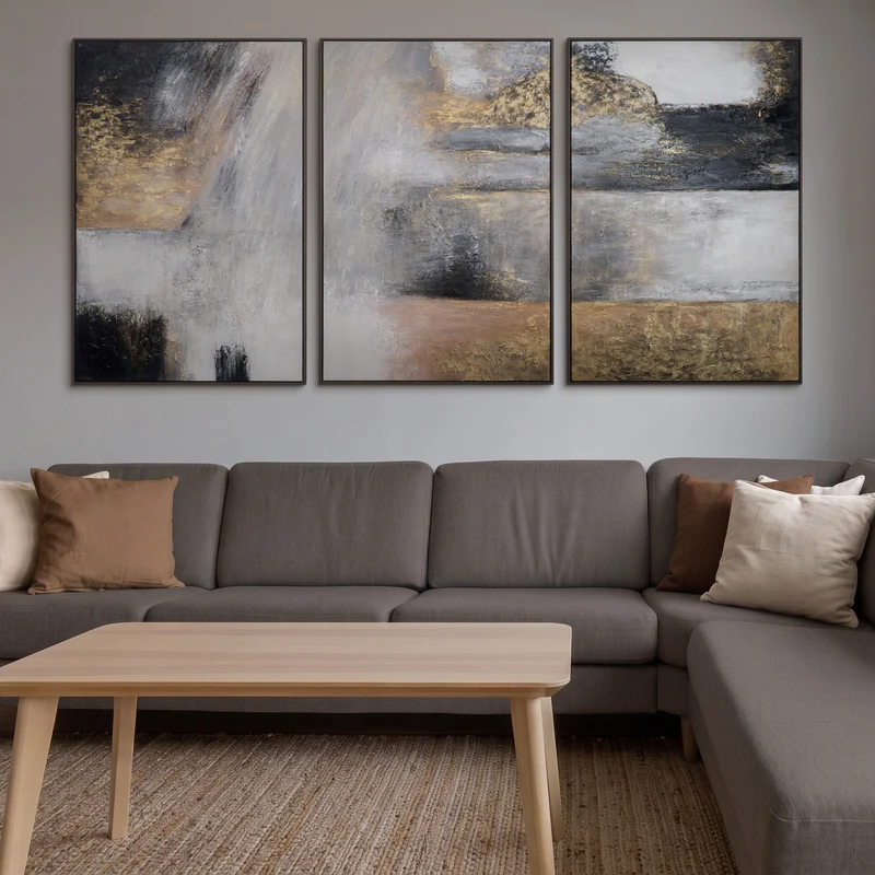 „Farbmagie“ – Handgemaltes Triptychon Modern mit grauem Rahmen
