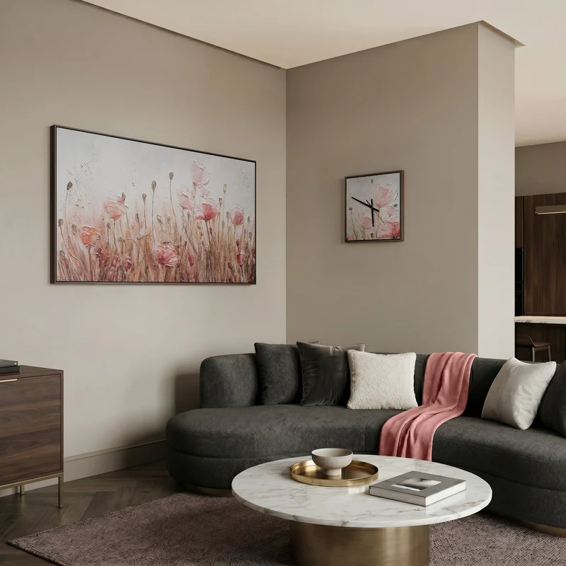 Ausgefallene Wanduhr Mohnblumen lautlos – Handgemalt Rosa & Silber auf Weiß, quadratisch