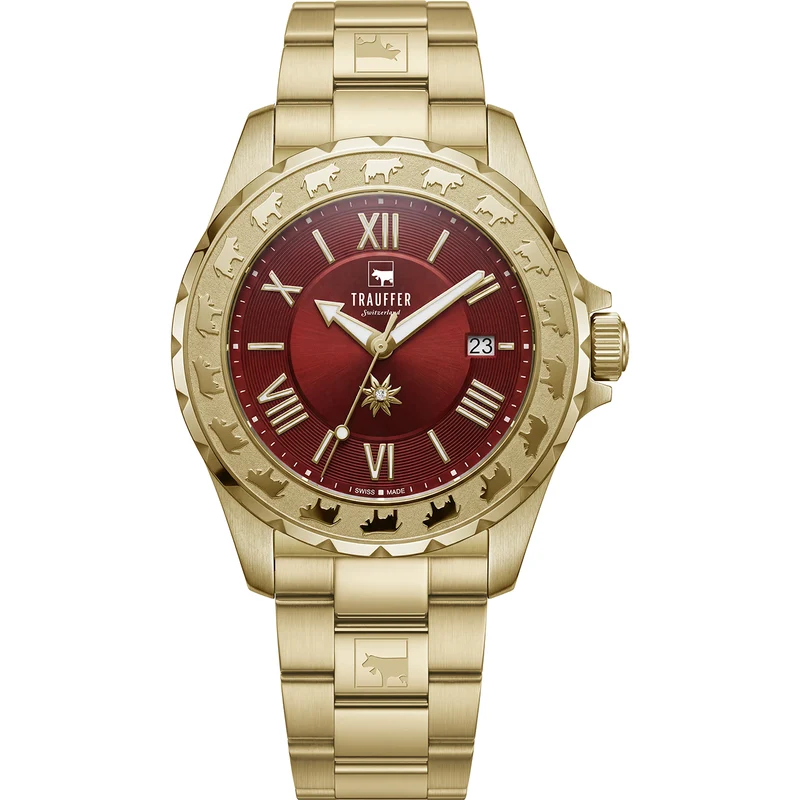 3 Zeiger Stahl Gold Rot 34mm