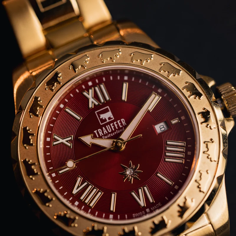 3 Zeiger Stahl Gold Rot 34mm
