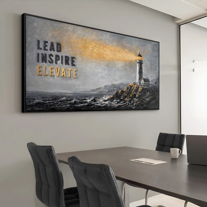 Lead Inspire Elevate – handgemaltes Wandbild fürs Büro mit 3D-Relief, 140 × 70 cm