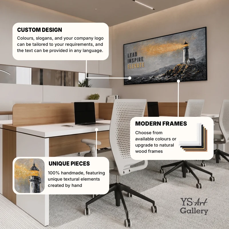 Lead Inspire Elevate – handgemaltes Wandbild fürs Büro mit 3D-Relief, 140 × 70 cm