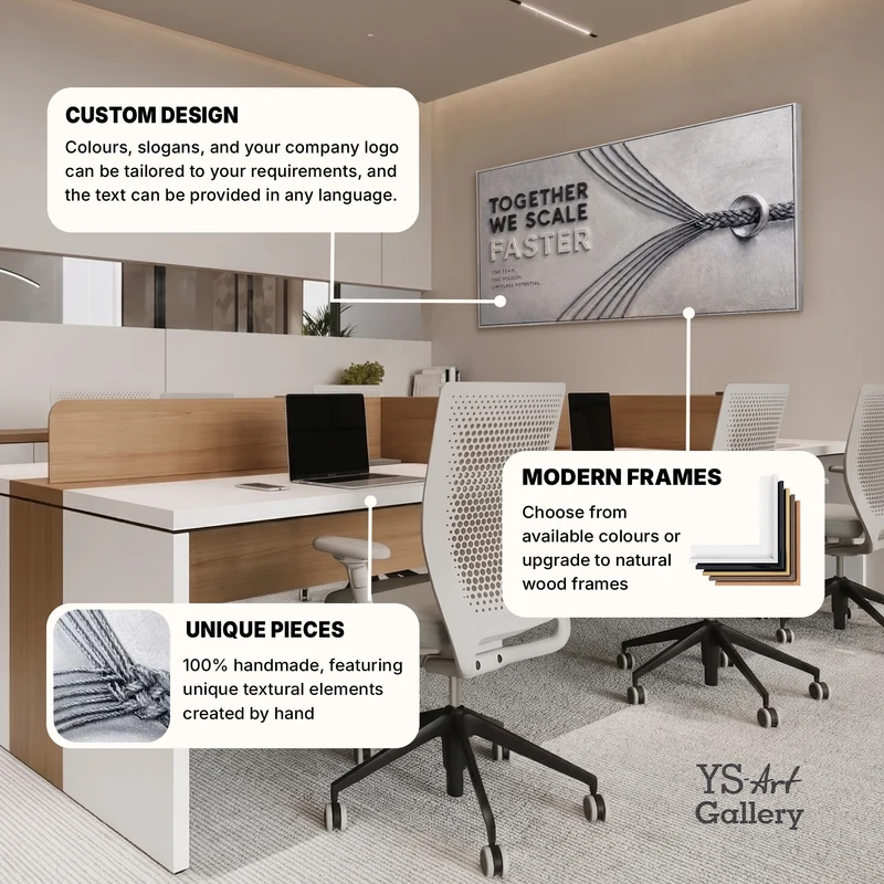 Together We Scale – handgemaltes Wandbild fürs Büro mit 3D-Relief, 140 × 70 cm