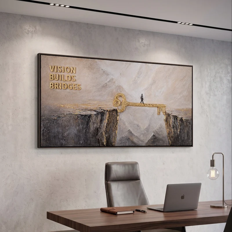 Vision Builds Bridges – handgemaltes 3D Wandbild fürs Büro mit echtem Relief, 140 × 70 cm