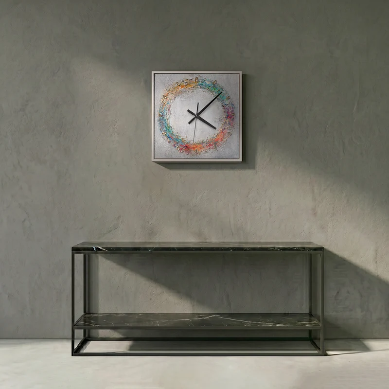 Ausgefallene Wanduhr bunt lautlos – Handgemalter Farbring Gold auf Grau, quadratisch
