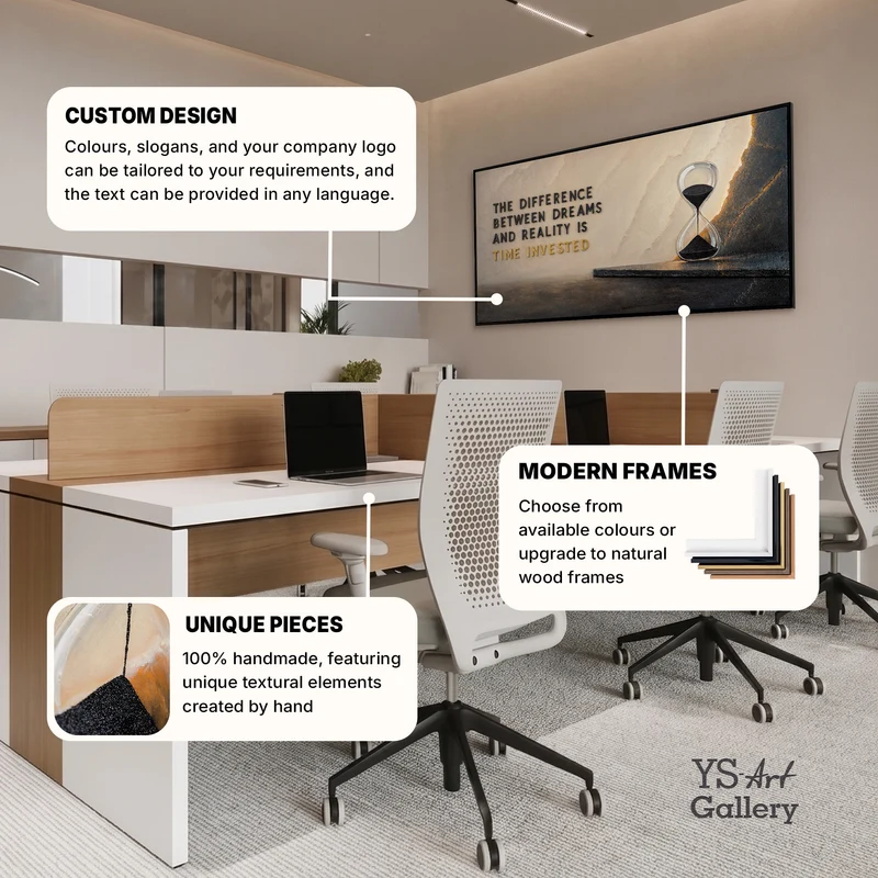 Time Invested – handgemaltes Motivationsbild fürs Büro mit 3D-Relief, 140 × 70 cm
