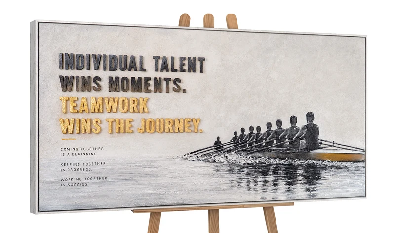 Teamwork Wins – handgemaltes Wandbild fürs Büro mit 3D-Relief, 140 × 70 cm