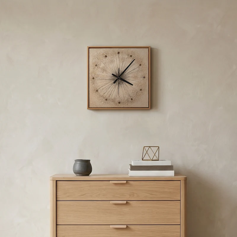 Handgemalte hochwertige Designer Wanduhr – Pusteblume in Beige – 35×35 cm