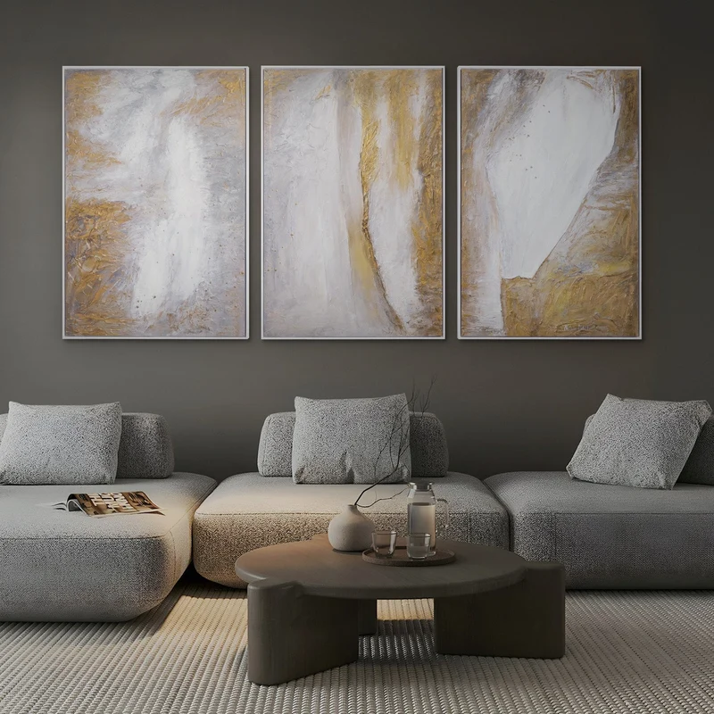 Triptychon „Ästhetik" – Dreiteiliges Gemälde in Weiß & Gold, handgemalt mit Rahmen