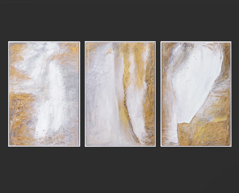 Triptychon „Ästhetik" – Dreiteiliges Gemälde in Weiß & Gold, handgemalt mit Rahmen