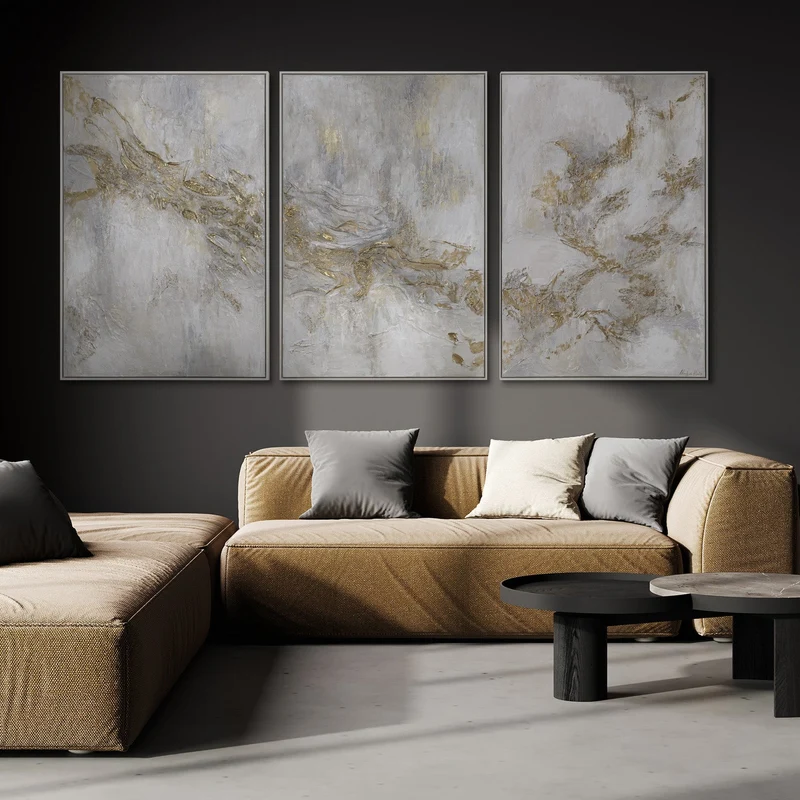Triptychon „Geschichte" – Handgemaltes abstraktes Wandbild in Beige & Gold