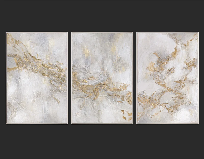 Triptychon „Geschichte" – Handgemaltes abstraktes Wandbild in Beige & Gold