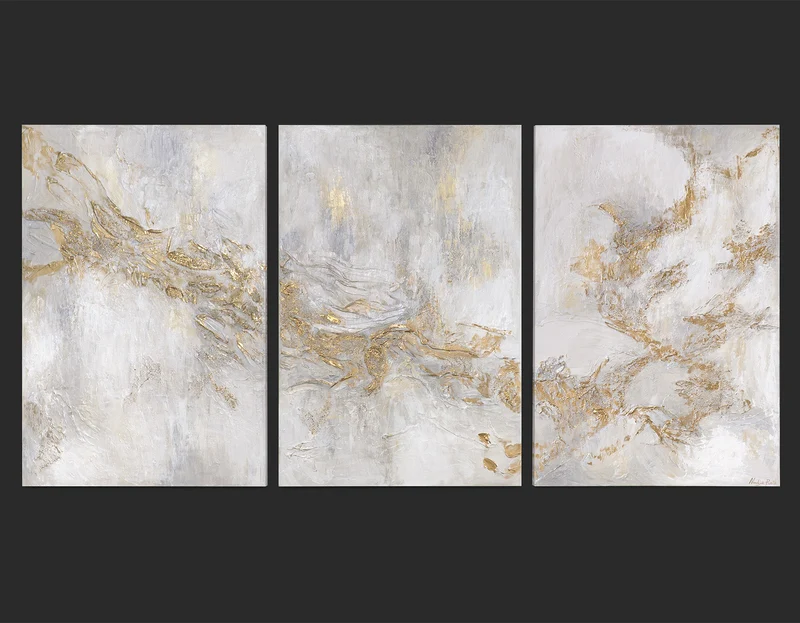 Triptychon „Geschichte" – Handgemaltes abstraktes Wandbild in Beige & Gold