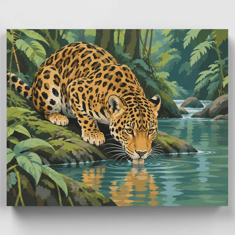 Jaguar Drinking at the Stream - Paint by Numbers Kit