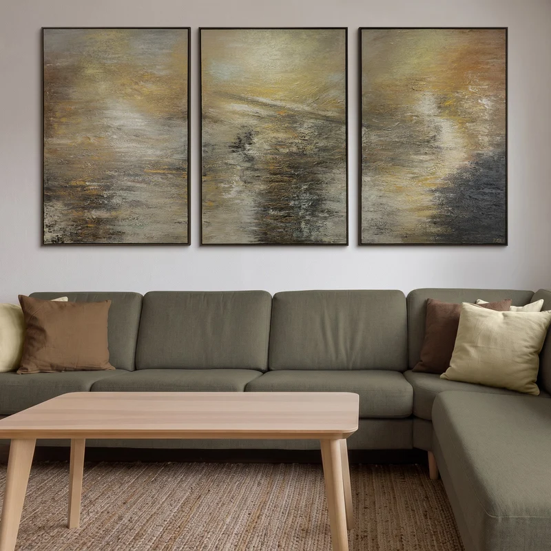 Triptychon „Kraft der Elemente" – Handgemaltes abstraktes Wandbild in Gold & Gra