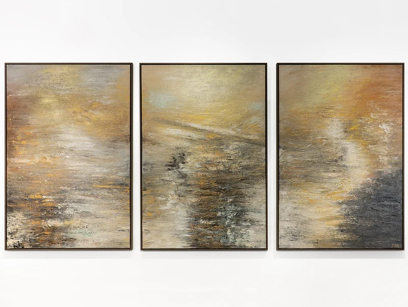 Triptychon „Kraft der Elemente" – Handgemaltes abstraktes Wandbild in Gold & Gra