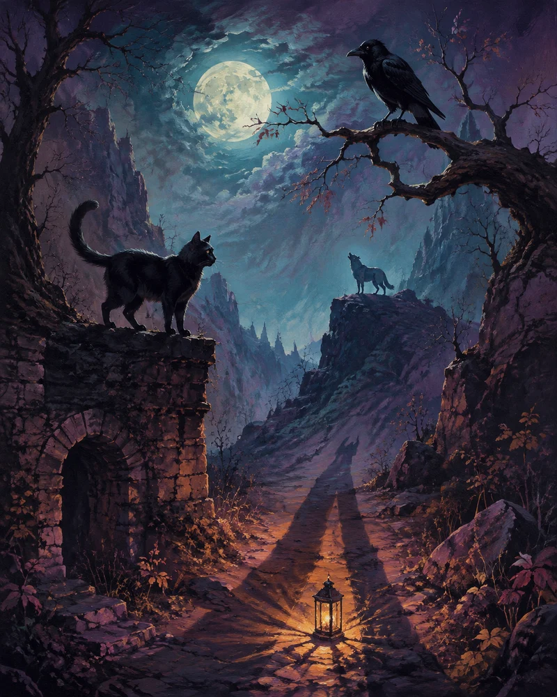 Malen nach Zahlen – Schatten von Katze, Rabe und Wolf