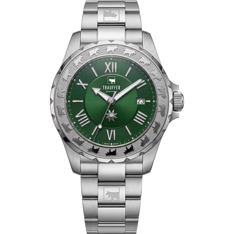 3 Zeiger Stahl Silber Grün 34mm