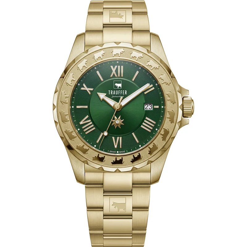 3 Zeiger Stahl Gold Grün 34mm
