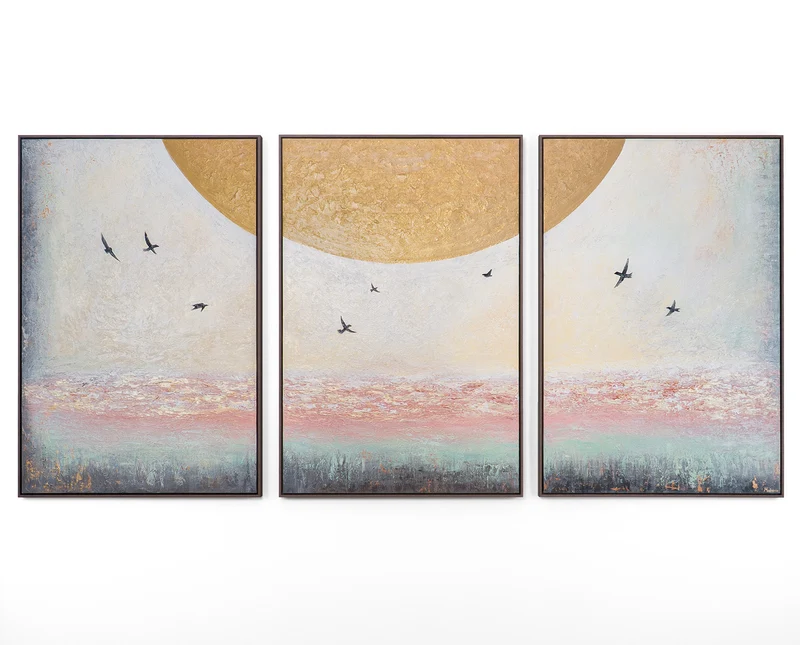 Triptychon „Sonnenenergie" – Handgemaltes Wandbild mit goldener Sonne