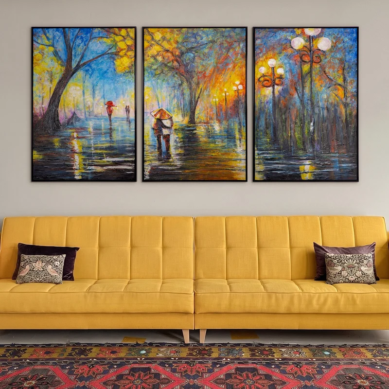 Triptychon „Herbstliche Allee" – Handgemaltes Herbst Wandbild mit Stadtpark