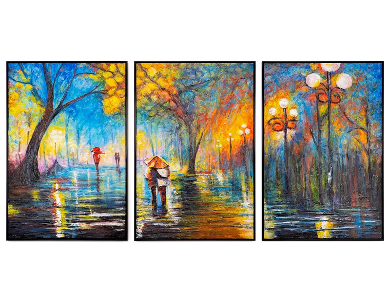 Triptychon „Herbstliche Allee" – Handgemaltes Herbst Wandbild mit Stadtpark