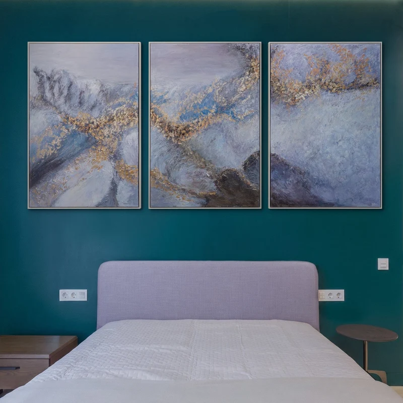 Triptychon „Renaissance-Zeit" – Handgemaltes abstraktes Wandbild in Blau & Gold