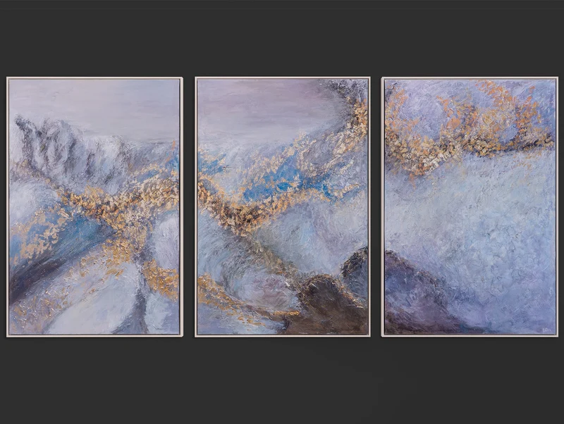 Triptychon „Renaissance-Zeit" – Handgemaltes abstraktes Wandbild in Blau & Gold