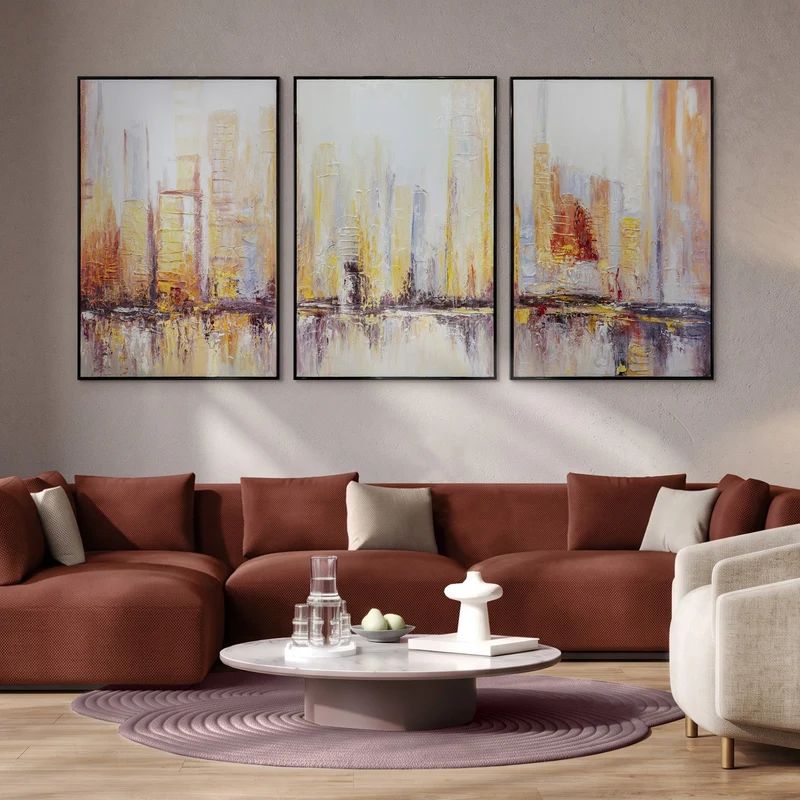 Wandbilder 3-teilig handgemalte Triptychen „Morgens in Megapolis"