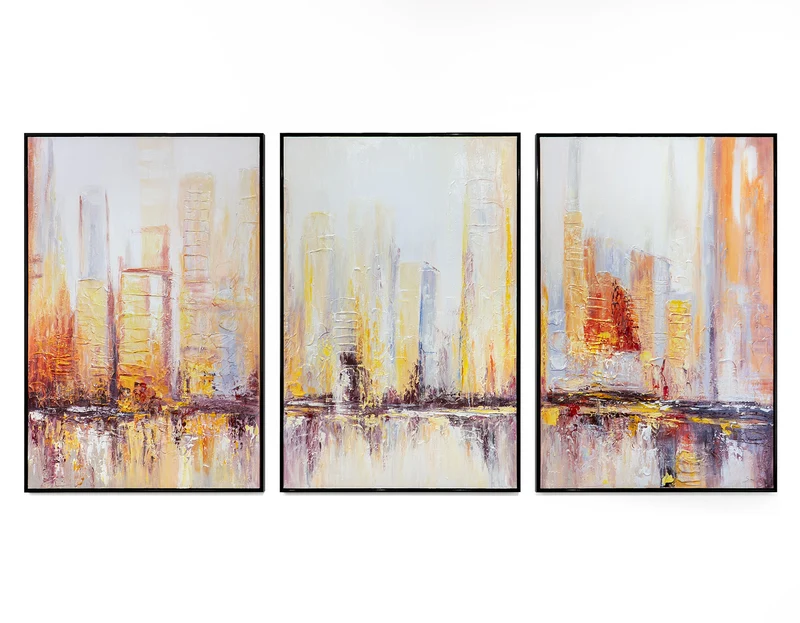 Wandbilder 3-teilig handgemalte Triptychen „Morgens in Megapolis"