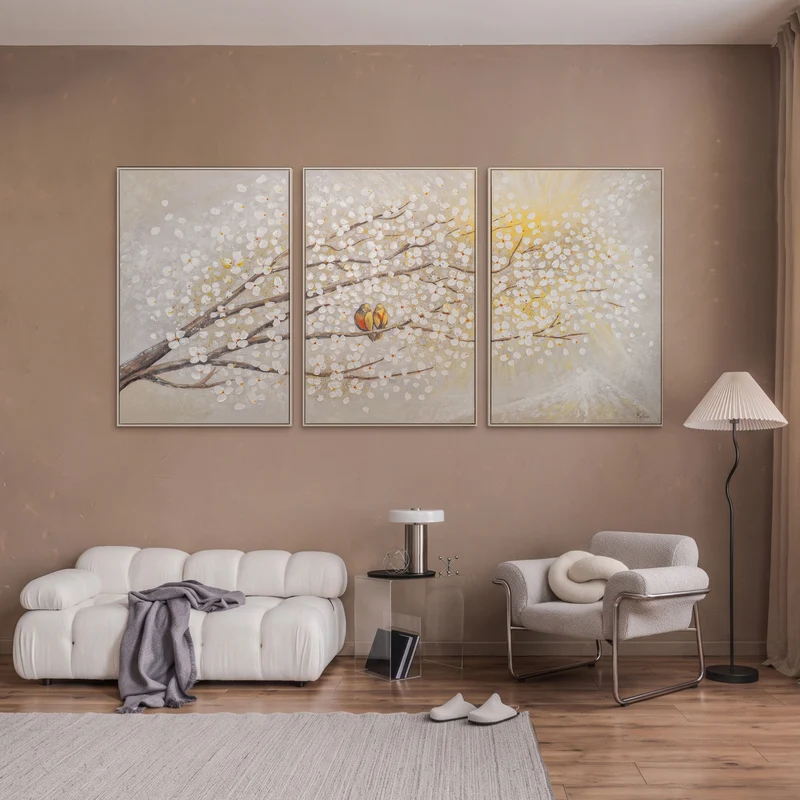 Triptychon „Sonnenaufgang" – Handgemaltes Vogelbild mit Blüten auf Leinwand