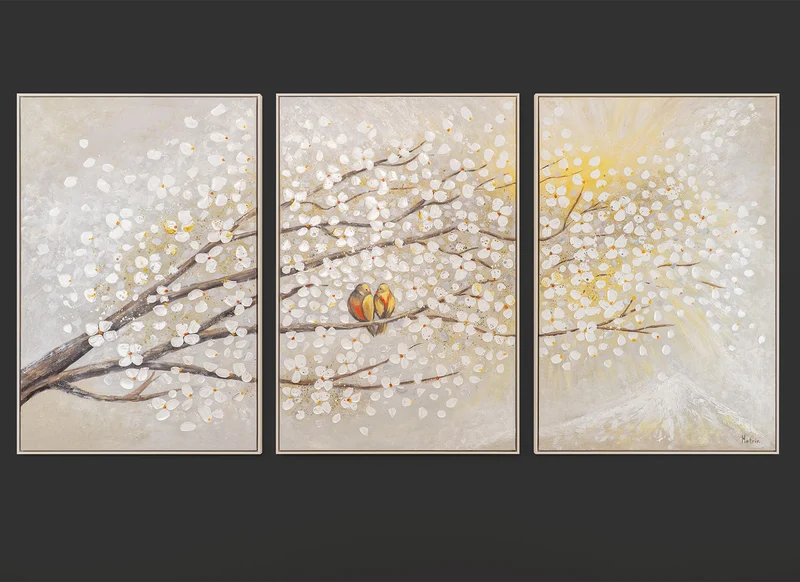 Triptychon „Sonnenaufgang" – Handgemaltes Vogelbild mit Blüten auf Leinwand
