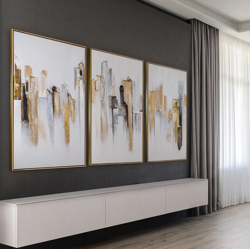 „Stadtrhythmen“ – Handgemaltes Triptychon fürs Wohnzimmer mit goldenem Rahmen
