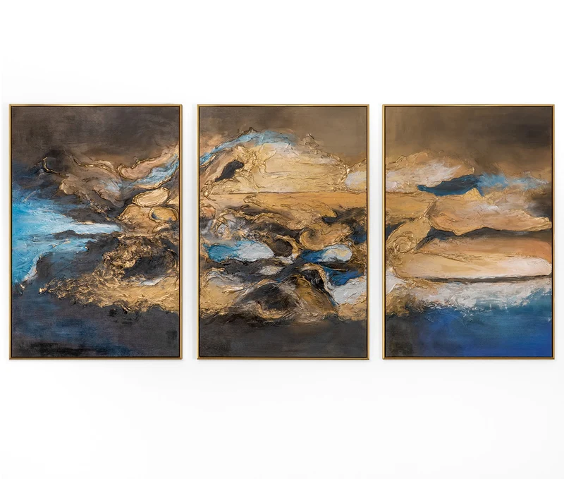 „Elegante Abstraktion“ – Handgemaltes Triptychon Abstrakt mit goldenem Rahmen