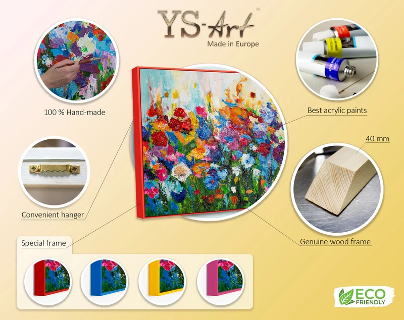 „Blumige Farben“ – Handgemaltes Blumen-Triptychon mit rotem Rahmen