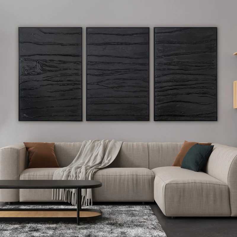 „Samt“ – Handgemaltes Triptychon Modern mit schwarzem Rahmen
