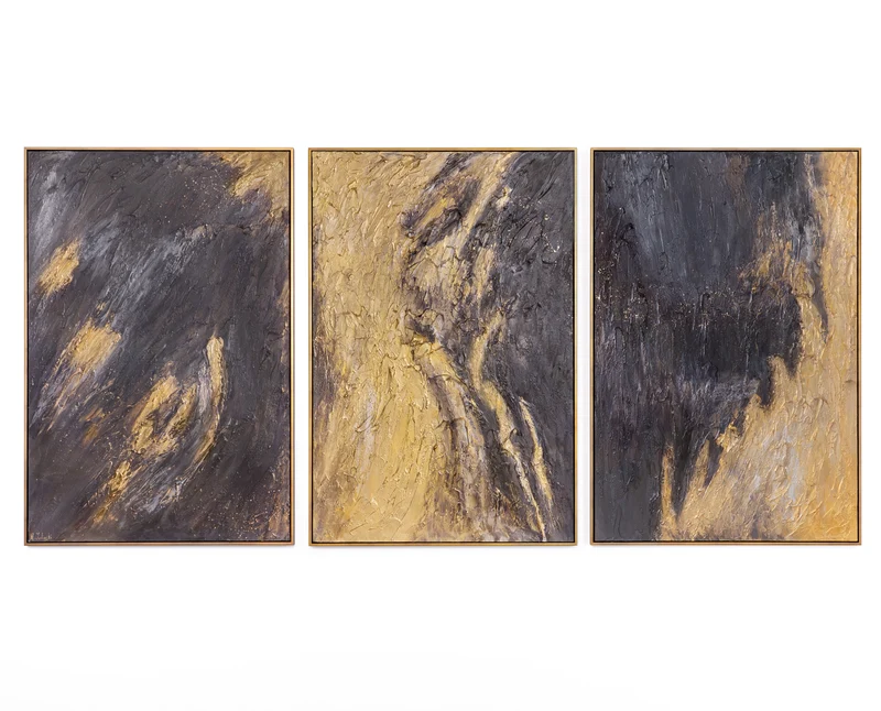 „Spiegelungen III“ – Handgemaltes Triptychon Modern mit schwarz-goldenem Rahmen