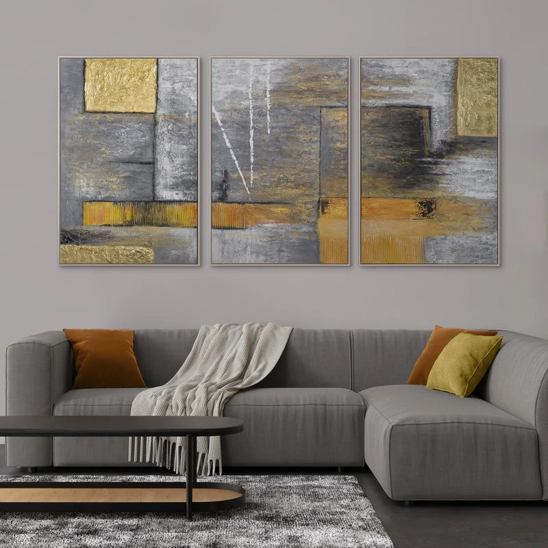 Triptychon „Goldene Abstraktion" – Handgemaltes XXL Wandbild in Gold & Grau
