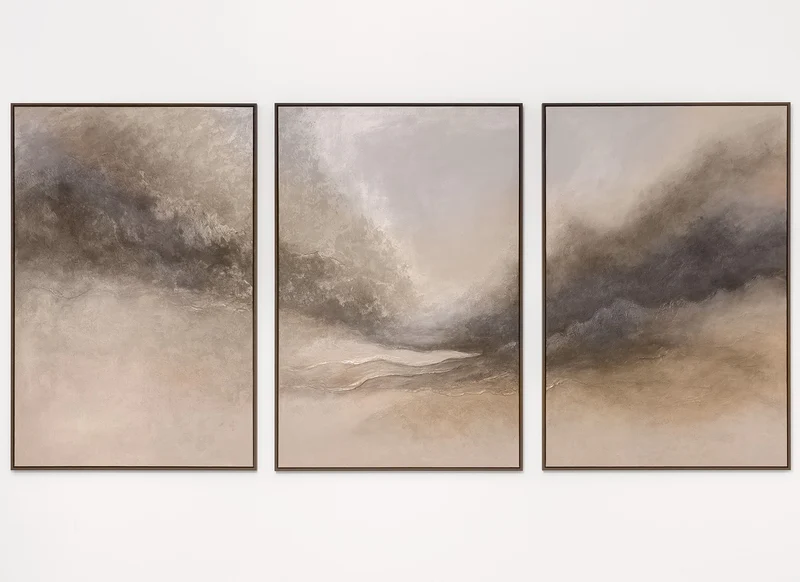 Triptychon „Nebliger Morgen" – Handgemaltes XXL Landschaftsbild in Grau & Beige